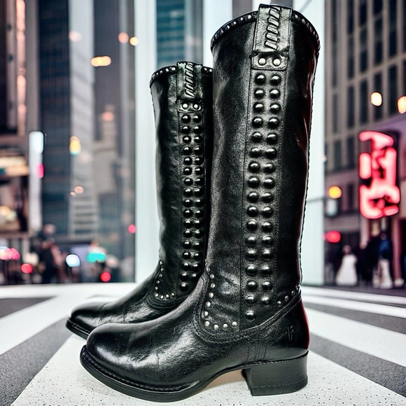 FRYE Vintage Studded Tall Knee High Black Leather Biker Moto Riding Boots 7 7.5 - Picture 6 of 7